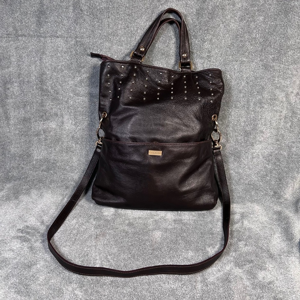 FULICATI Leather Studded Tote Bag Italian Designer Shoulder Bag Brown